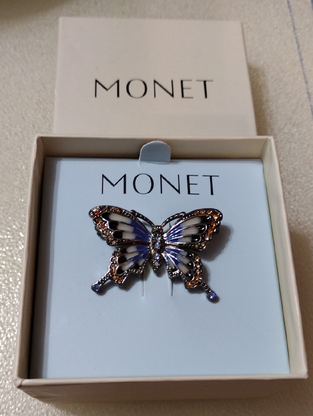MONET Butterfly Rhinestone Silver Tone Brooch.